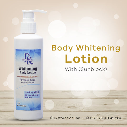 Body Whitening Lotion + Sunblock||With the Addition Of Niacinamide and Glutathione||300ML